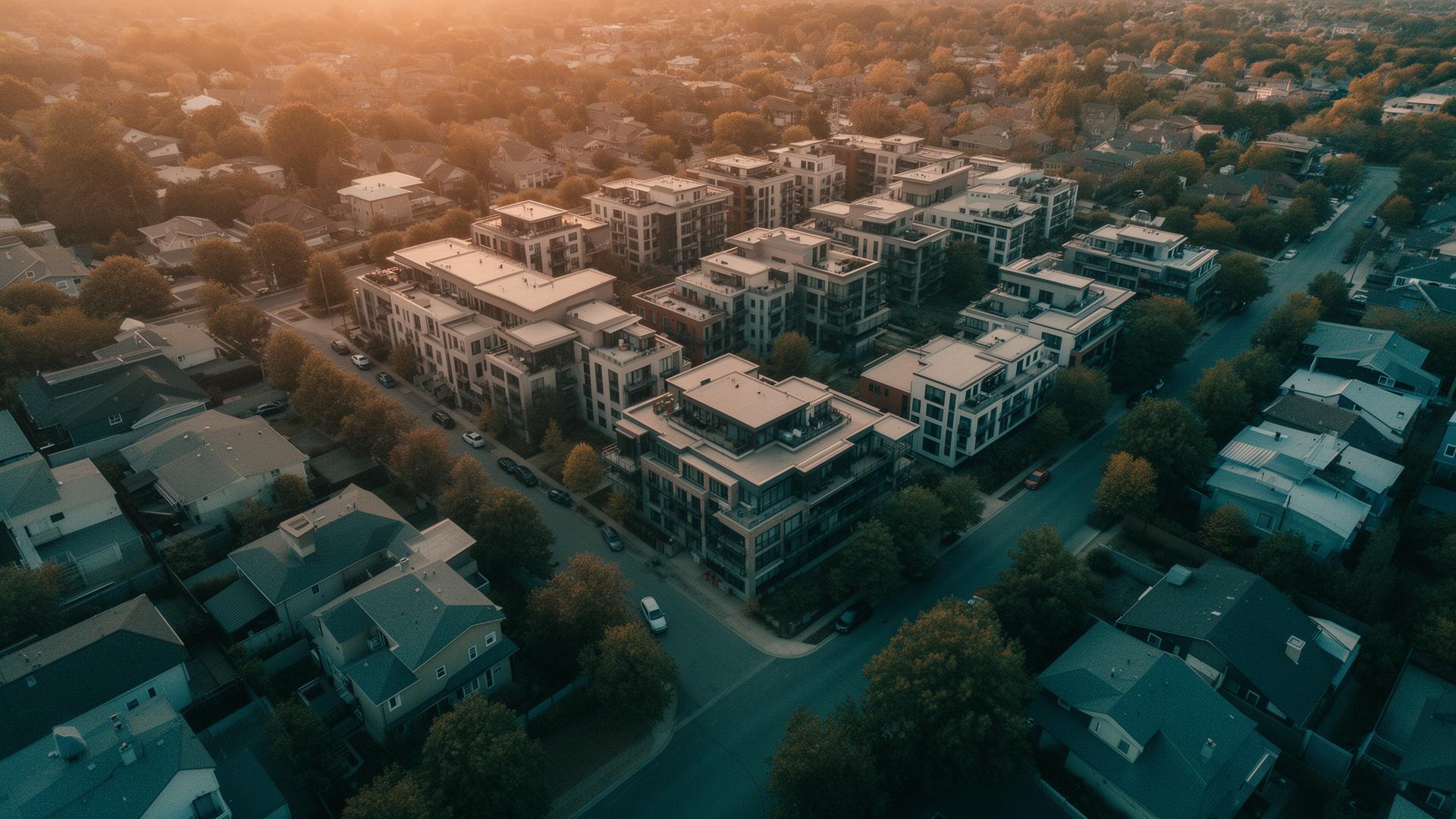 Aerial view of a residential neighborhood at sunset