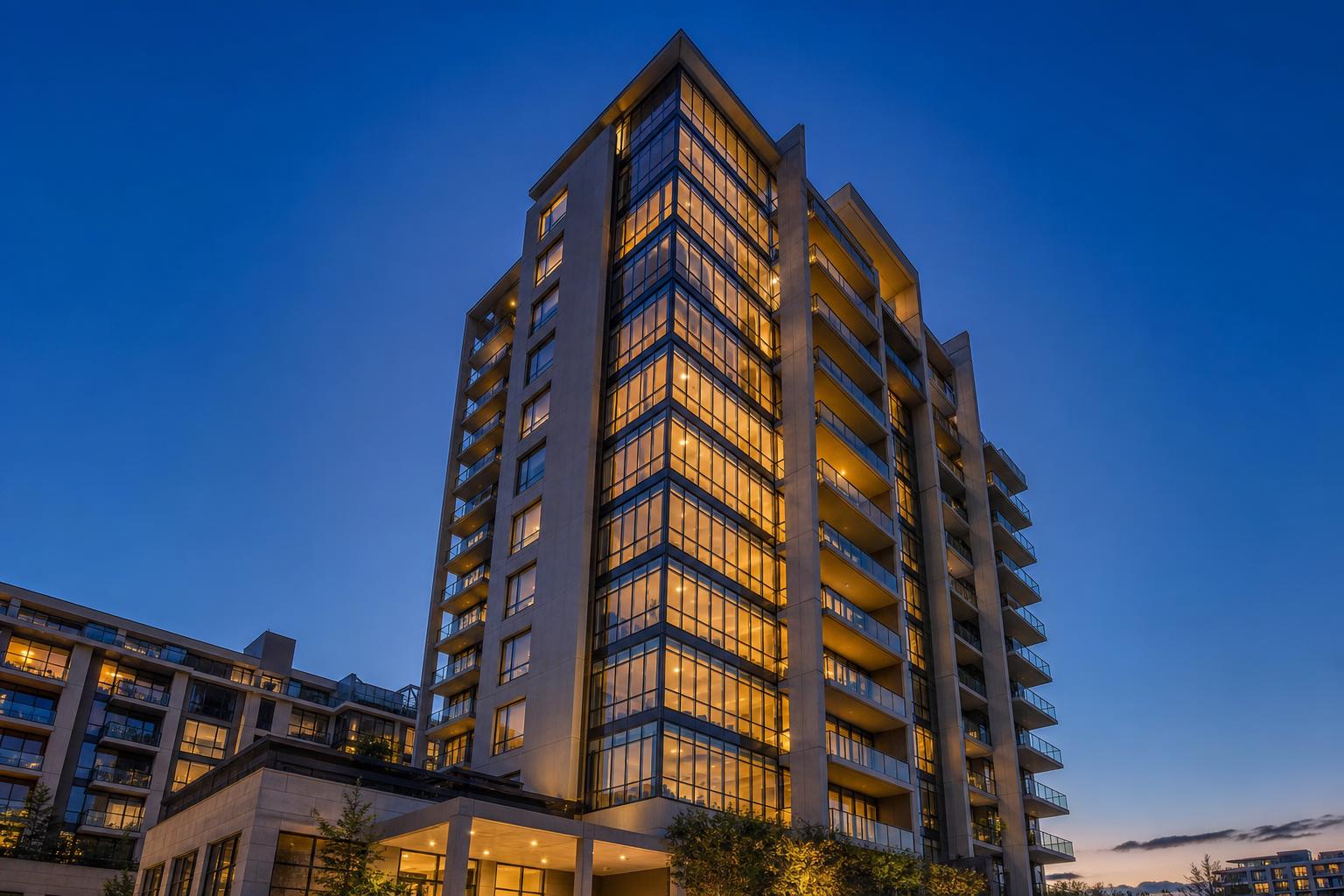 Modern residential building at dusk